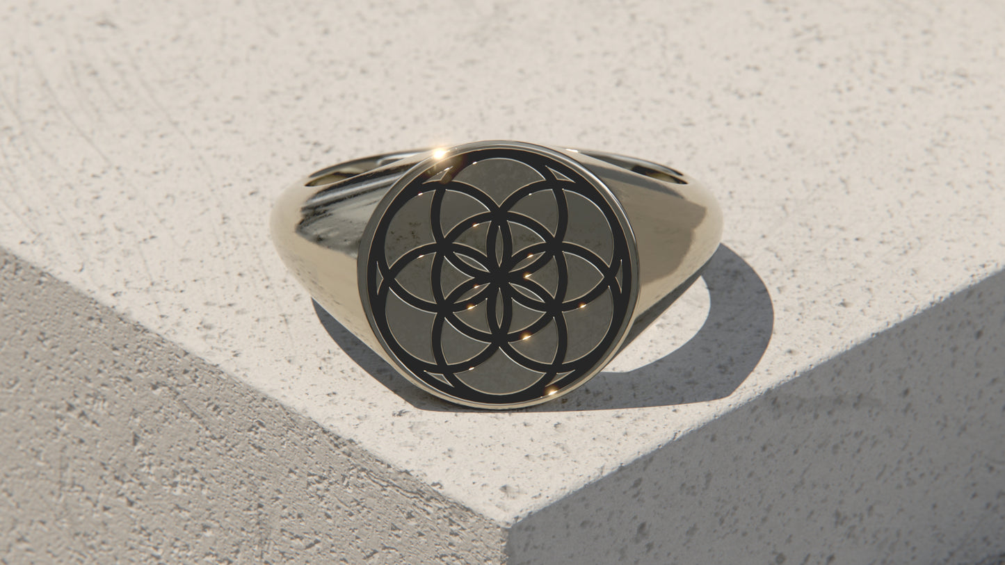 Seed of Life Signet Ring - 9ct White gold